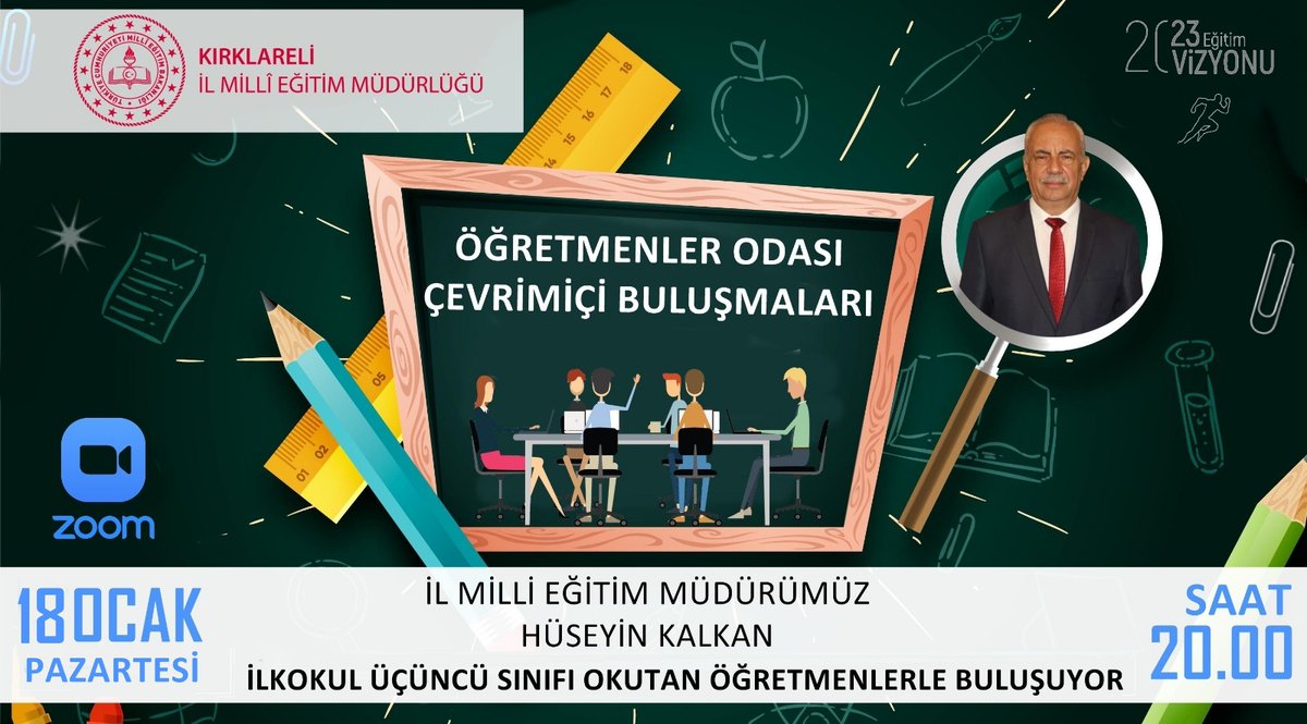 kirklarelimem's tweet photo. İl Milli Eğitim Müdürümüz Hüseyin KALKAN, ilkokul üçüncü sınıfları okutan öğretmenlerimizle, "Öğretmenler Odası"nda çevrimiçi buluşuyor. 
@tcmeb @ziyaselcuk @valikirklareli @Huseyn_Kalkan
👇
📆 18 Ocak 2021
⏰ 20.00 https://t.co/hR66WIMsrF
