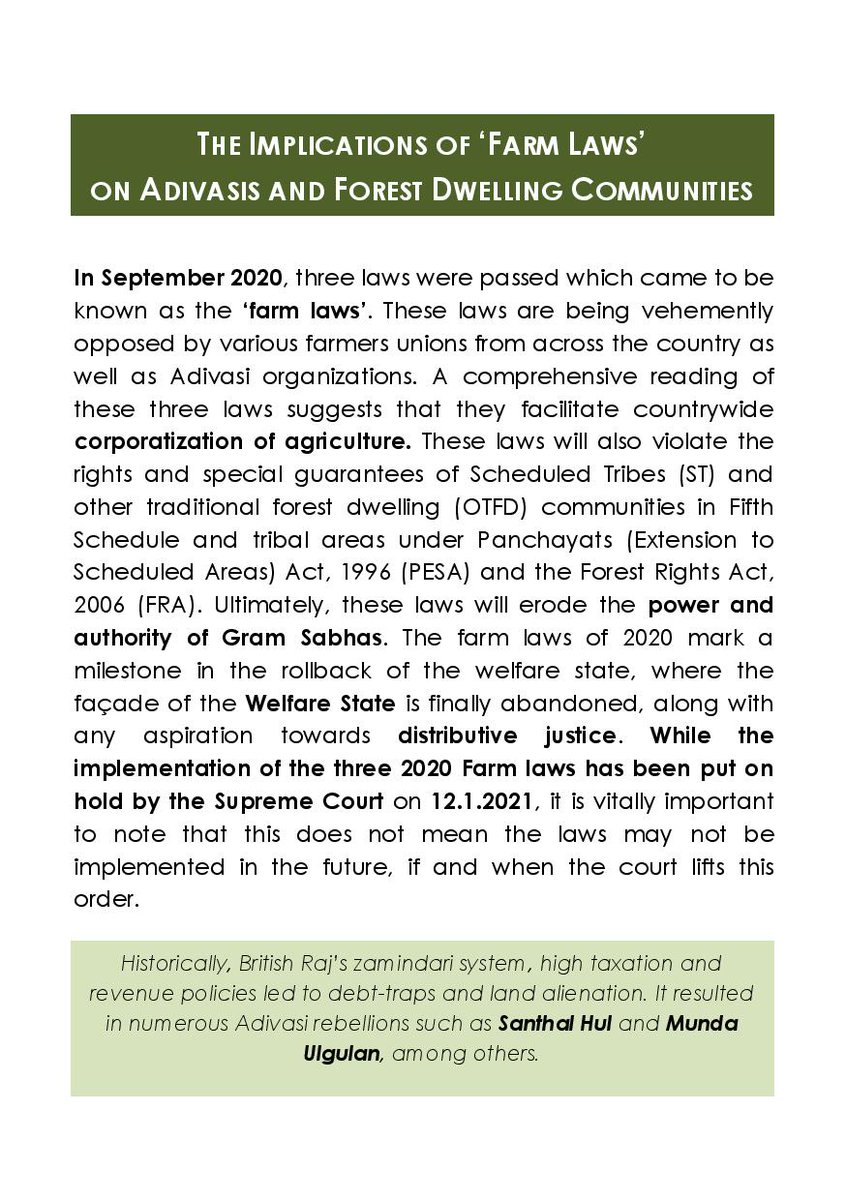 Dear Friends,We have analyzed the implications of the "farm laws" on the Adivasis and other forest-dwelling communities over the past month. Using our analysis we have prepared a Booklet. Hope this analysis will improve our socio-legal understanding of the matter. Zindabad!