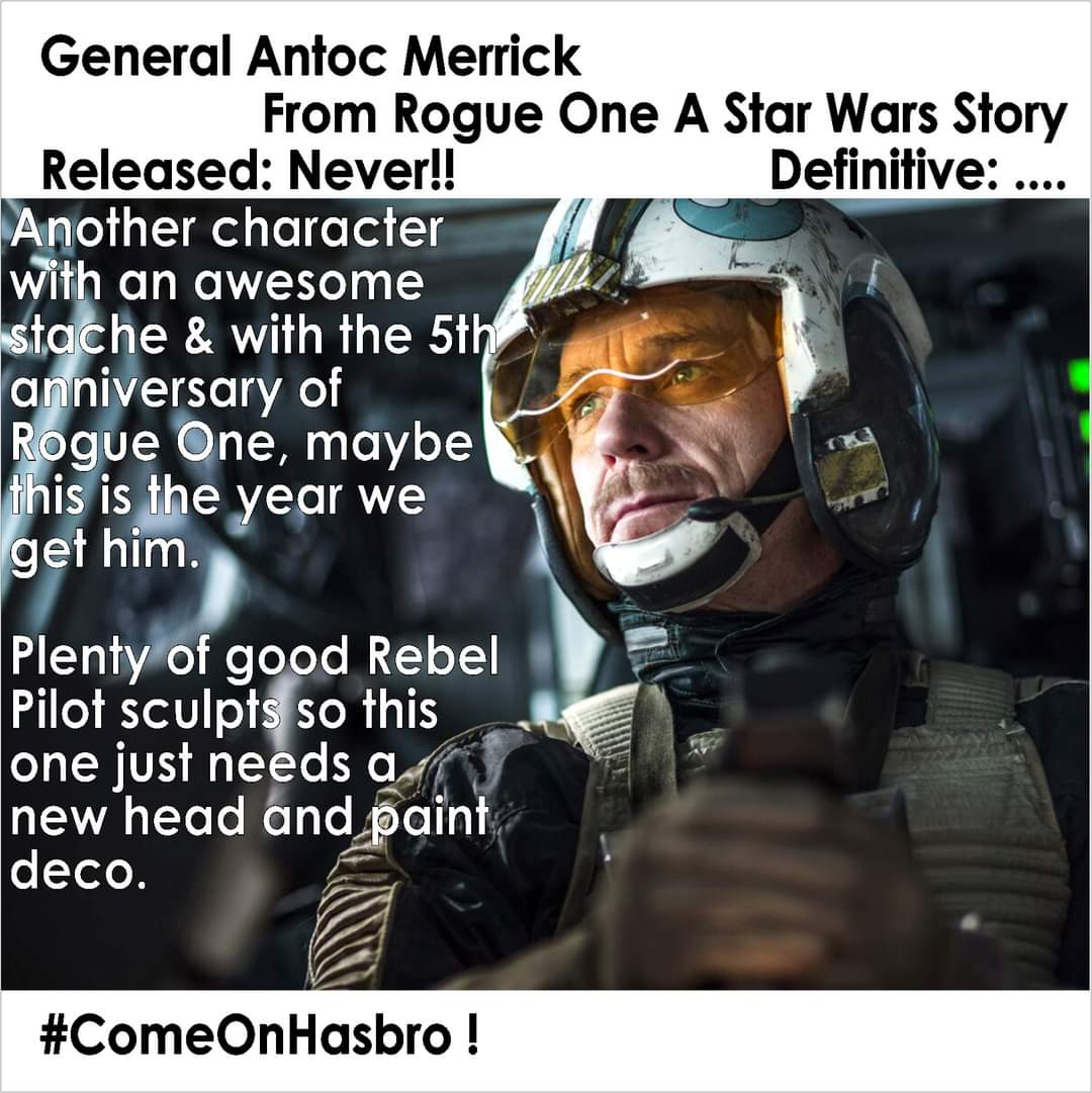 ToysJedi's tweet photo. #ActionFigureOfTheDay #GeneralAntocMerrick from #RogueOneAStarWarsStory #NotMade. Another with an awesome stache & with the 5th anniversary of Rogue One, could this be the year? Plenty of good Rebel Pilot sculpts so this one just needs a new head and paint deco. #ComeOnHasbro https://t.co/zZQQXaMRfV