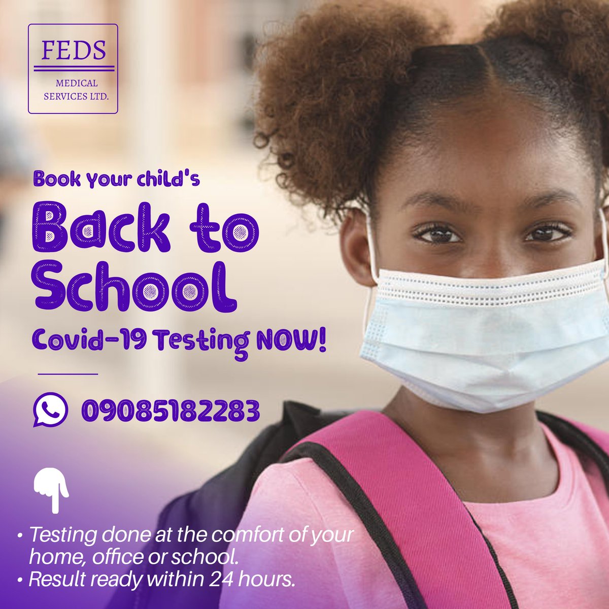 FedsMedical's tweet photo. BACK-TO-SCHOOL COVID-19 TESTING

Book your private Covid-19 test for your child NOW!

Test can be done at your home, office or child's school.

🚩 Abuja

DM us NOW or WhatsApp us via 09085182283

#fedsmedical #backtoschool #covidtest #abuja #covidtestinginabuja https://t.co/X4ko9FMnjF