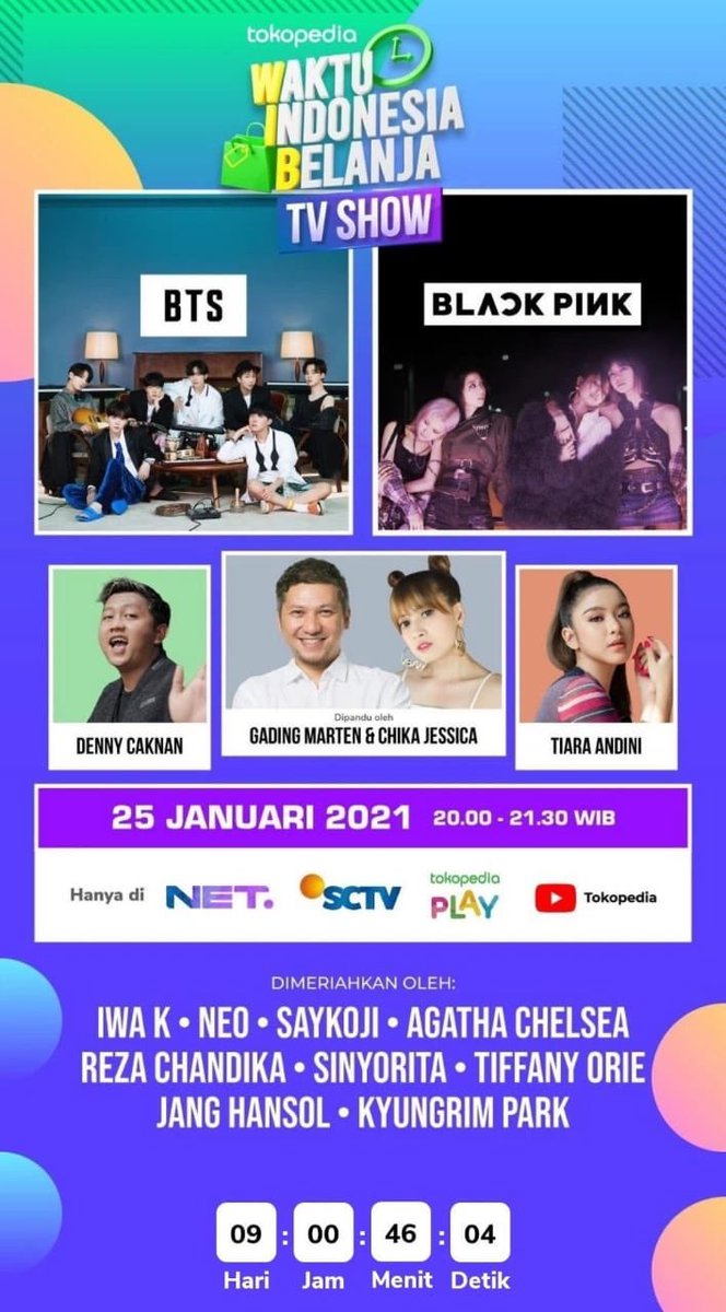 ARMYTEAMID's tweet photo. [💜]
 
Ekhm @tokopedia 

According to the link and we found about this poster.

It says BTS will be appear on Tokopedia "Waktu Indonesia Belanja" on January 25th at 20.00 WIB | 10pm kat 

EXPLAIN🥰🥰
📎https://t.co/Bra7tb0Ku7 https://t.co/AR0ssHRZYL