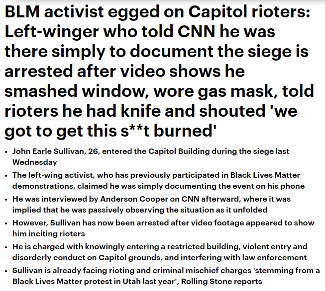 4. At least some pro-Antifa/BLM activists among rioters (one went on CNN); mounds of evidence that crowd called out and tried to stop left-wing agitators (like shouting "f*** Antifa* during break-in; Trump supporters thwarted agitators on camera) https://www.dailymail.co.uk/news/article-9149861/Left-wing-activist-arrested-relation-siege-Capitol-Building.html