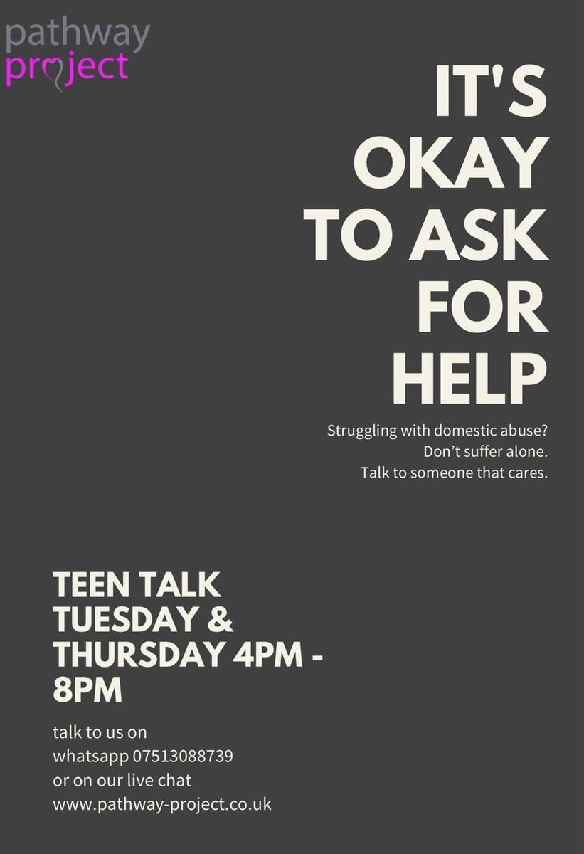 PathwayGB's tweet photo. ⭐️NEW SERVICE - TEEN TALK⭐️
It is estimated that 1 in 5 children are exposed to domestic abuse.
Teen Talk will be available Tuesday and Thursday 16:00 - 20:00 from the 19th January, and is open to all children and young people who need a safe space to talk about domestic abuse. https://t.co/rorIsR9oKg