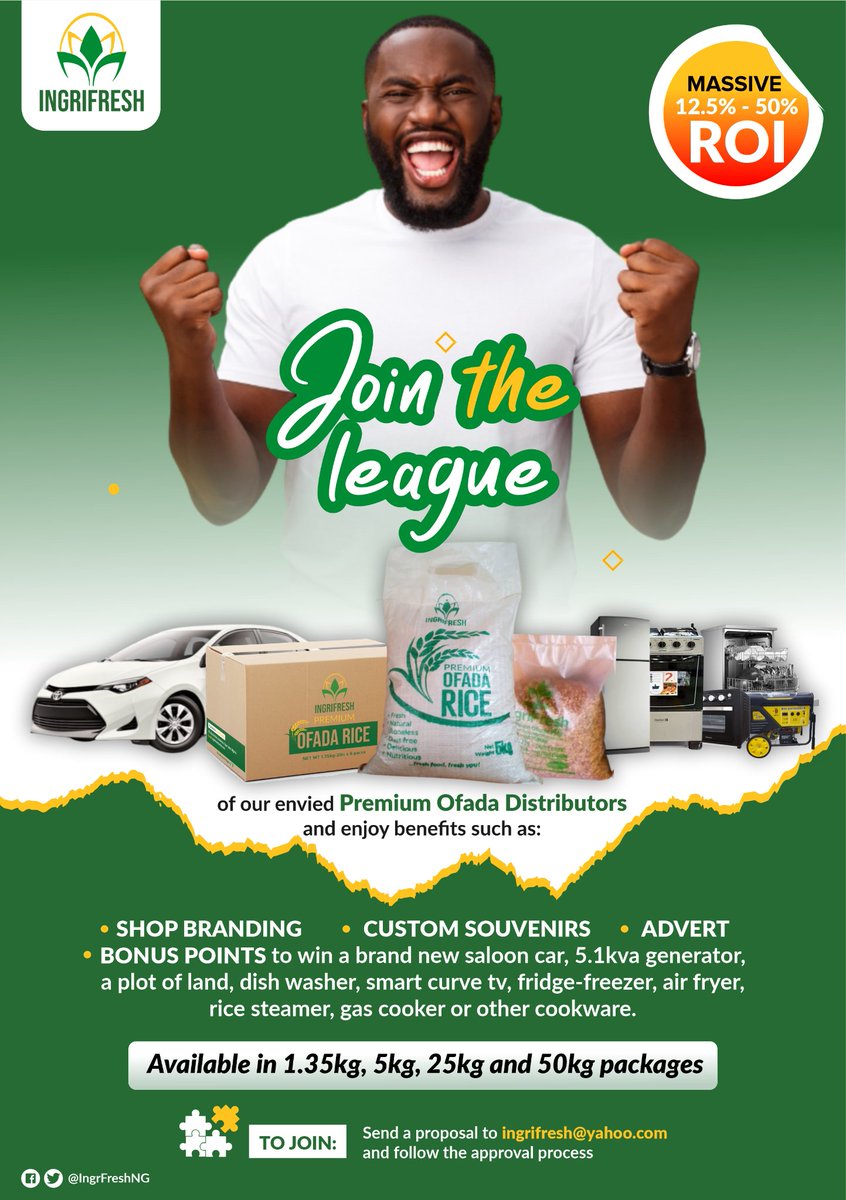 IngrifreshNG's tweet photo. IngriFresh Premium Ofada Rice is highly nutritious and dirt free.
Distributors are needed in every major cities of Nigeria.
We offer incentives such as shop branding, souvenirs, advert and bonus points for our distributors.
ROI = 12.5% to 50% per investment. https://t.co/eE5gP1JrXQ