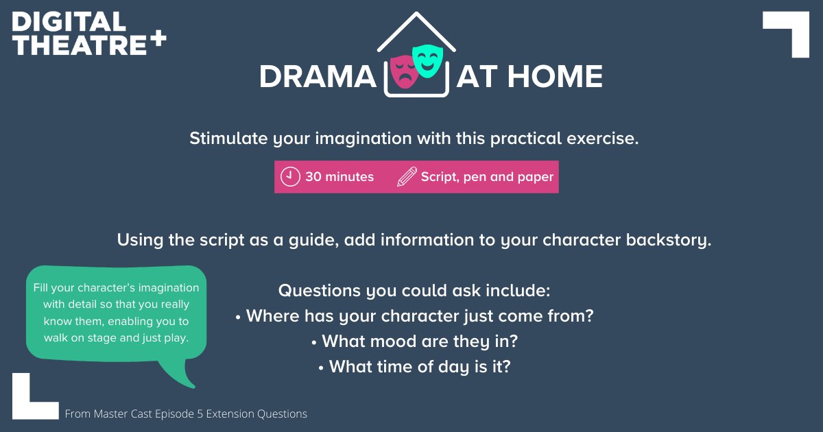DT_Plus's tweet photo. Spark creativity with this practical exercise exploring characterisation!
Using a script as a guide, develop backstory with these prompts from #MasterCast2020 π https://t.co/wgI0HPoT4S
Stay tuned to #DramaAtHome for more prompts to engage students online! #HomeSchooling2021 https://t.co/XbCBQ05bXt