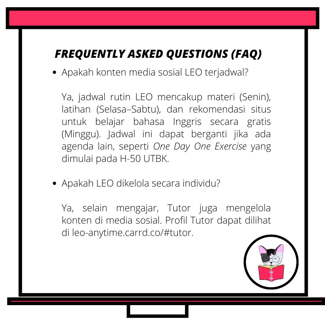 LEOanytime_'s tweet photo. Setelah 2 minggu beroperasi, LEO menerima banyak pertanyaan dari teman-teman mengenai sistem les privat online dan konten media sosial LEO. Berikut jawaban LEO 😊
#FAQ #AboutLEO https://t.co/gazy45fPsN