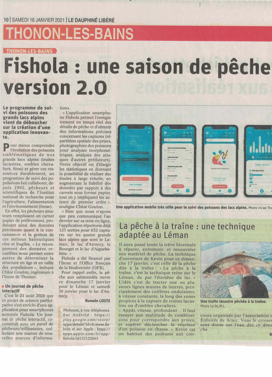 @FisholaFr dans le @ledauphine : une application #Sciencesparticipatives pour la pêche de loisir développée par @CodeLutin et @ChloeGoulon @UmrCarrtel  @INRAE_Lyon_Gre @Univ_Savoie @OFBiodiversite #PoleECLA