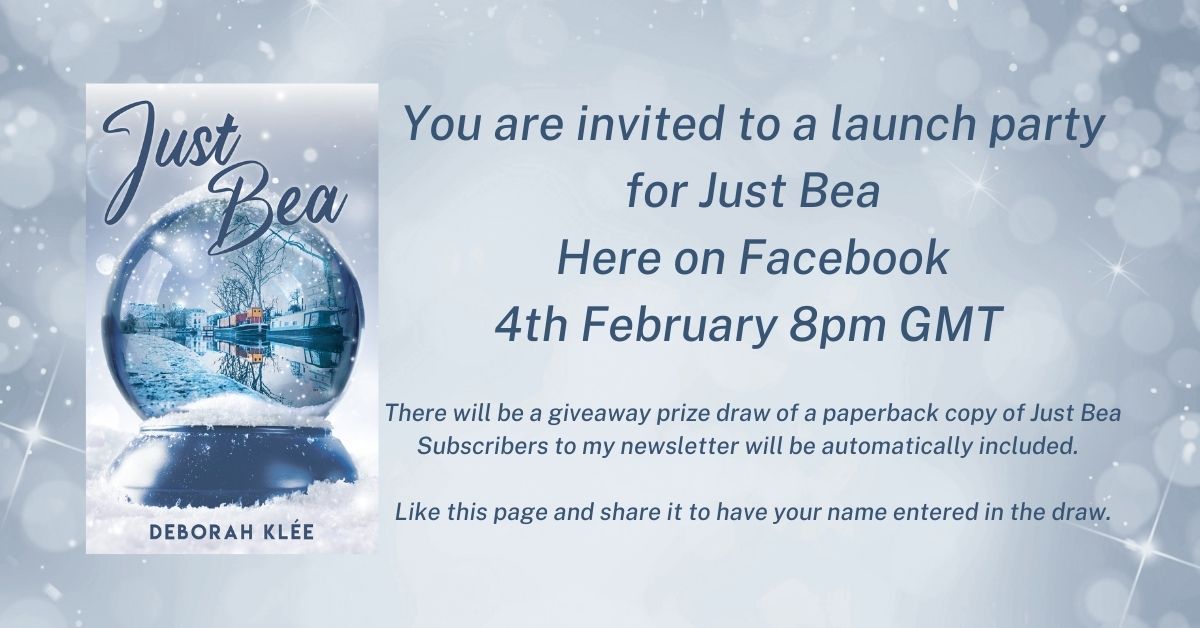 I hope you can join me for the launch party of Just Bea. If you find the invitation on my Facebook page Deborah Klee Author, like the post and share, you will be entered in the prize draw for a paperback copy of Just Bea. #booklovers #bookgiveaway #launch