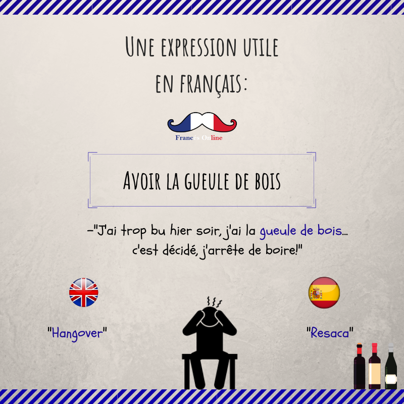 _Frances_Online's tweet photo. Aujourd’hui on voit une expression très utile en français :
📝Avoir la gueule de bois = avoir mal à la tête parce qu’on a trop bu !
-
🇪🇸📝Avoir la gueule de bois = tener resaca
-
🇬🇧📝Avoir la gueule de bois = to have a hangover
-
-
#Francés #French #франция #FLE #DailyFrench https://t.co/m8Kt4ezhJg