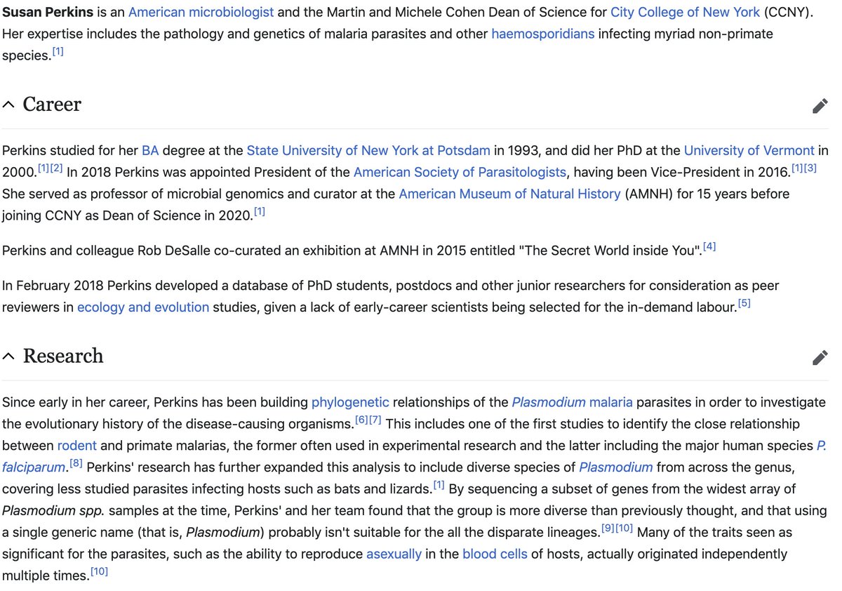 Welcome to @Wikipedia Susan Perkins @NYCuratrix ! Dean of Science @CityCollegeNY and fmr curator @AMNH. Expert of weird and wonderful malaria parasites from bats and lizards! @womeninmalaria @WikiWomenInRed  #internetlesssexist
tinyurl.com/y2tldbz6