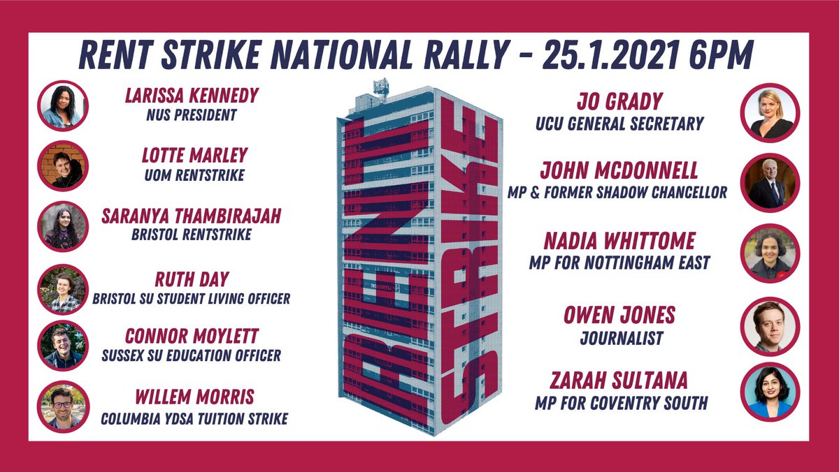 rentstrikenow's tweet photo. We’re excited to announce that on the 25th of January at 6pm we’ll be holding a national (online) rally! 

Come along to hear from strikers and supporters calling on the government &amp; unis to listen to students across the country &amp; act. 

Sign up below ⬇️
https://t.co/sv4honrfjz https://t.co/2R5CxNfnhi