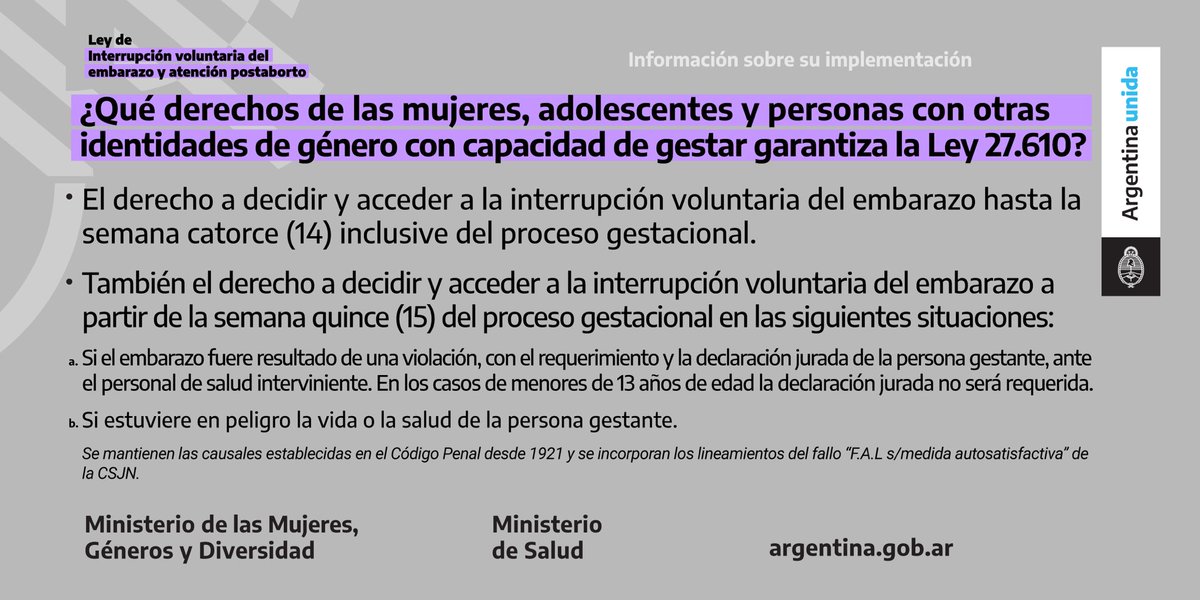 MinGenerosAR's tweet photo. La Interrupción Voluntaria del Embarazo es ley en Argentina. 

Junto al @msalnacion compartimos información sobre su implementación para acceder a este derecho de manera segura.

⚠️ La ley entra en vigencia el 24 de enero, 8 días después de publicada en el Boletín Oficial. https://t.co/06AyQ1bxDZ