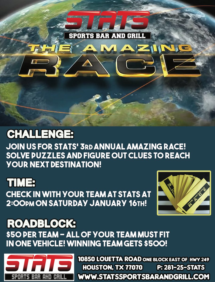 Stats Sports Bar (@statssportsbar) on Twitter photo This was so much fun last year! We hope to have y’all join us!! Just show up at Stats with your team & vehicle at 2pm! Winning team gets $500!!!! This was so much fun last year! We hope to have y’all join us!! Just show up at Stats with your team & vehicle at 2pm! Winning team gets $500!!!!