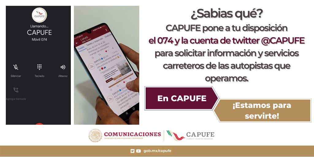 CAPUFE's tweet photo. El 074 y la cuenta de twitter @CAPUFE están disponibles las 24 horas de todos los días del año. 📱📆🕐 https://t.co/gMtjASfTLz