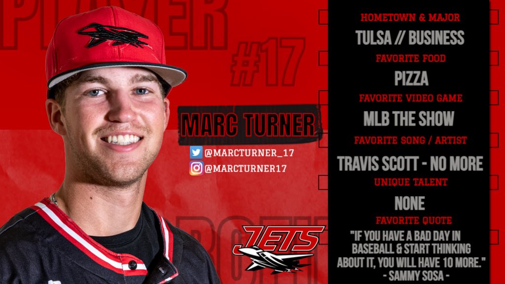 1️⃣7️⃣DAYS UNTIL OPENING DAY‼️

PLAYER SPOTLIGHT 🔦 
#️⃣1️⃣7️⃣
Marc Turner (<a href="/MarcTurner_17/">Marc</a>)
SS
Tulsa, OK

✈️⚾️‼️