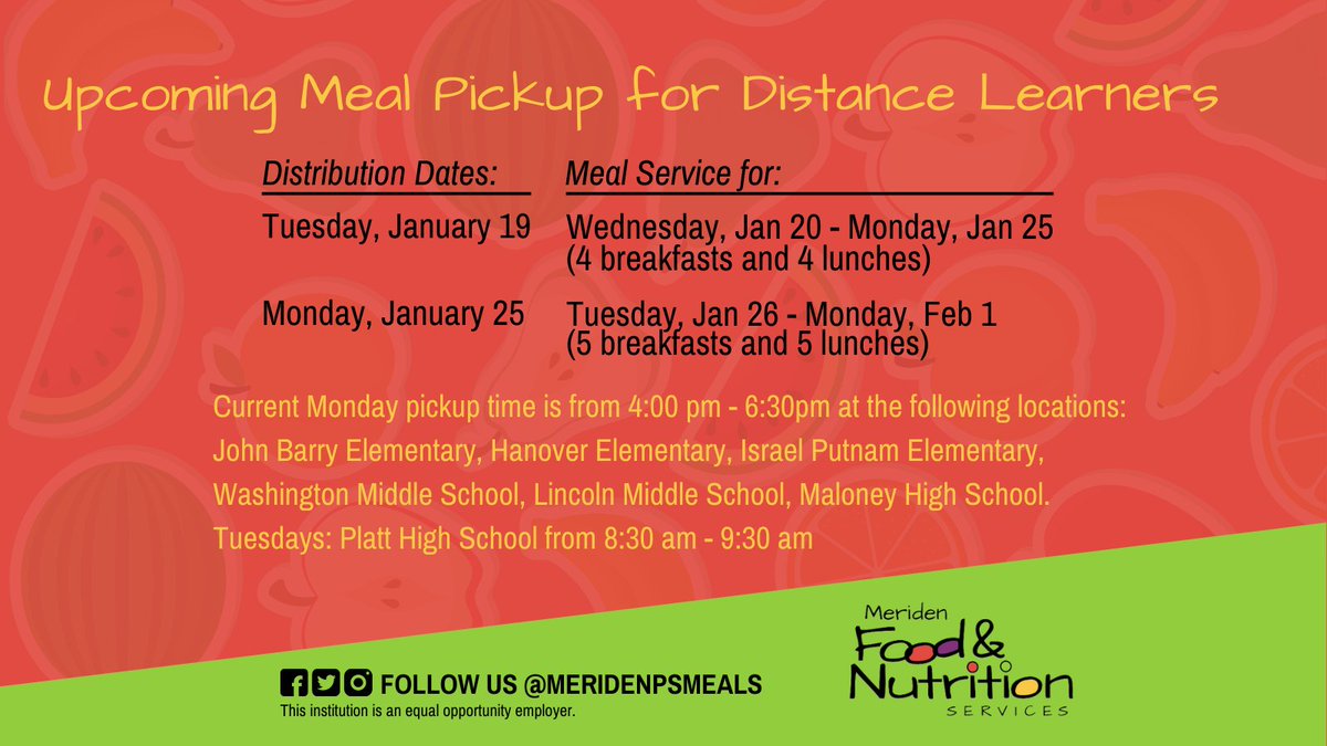 Meriden Public Schools Food & Nutrition Services (@meridenfood) on Twitter photo We look forward to serving our distance learners! 👧💻🍎 Meals are available at no cost to distance learners at @meridenk12 and Thomas Edison Middle.
For more info: docs.google.com/.../1CsU8P6ij9…
@mysnact <a href="/MeridenK12/">Meriden K12</a> @schoollunch @cityofmeriden @meridenymca @meriden_ct @acesconnecticut We look forward to serving our distance learners! 👧💻🍎 Meals are available at no cost to distance learners at @meridenk12 and Thomas Edison Middle.
For more info: docs.google.com/.../1CsU8P6ij9…
@mysnact <a href="/MeridenK12/">Meriden K12</a> @schoollunch @cityofmeriden @meridenymca @meriden_ct @acesconnecticut
