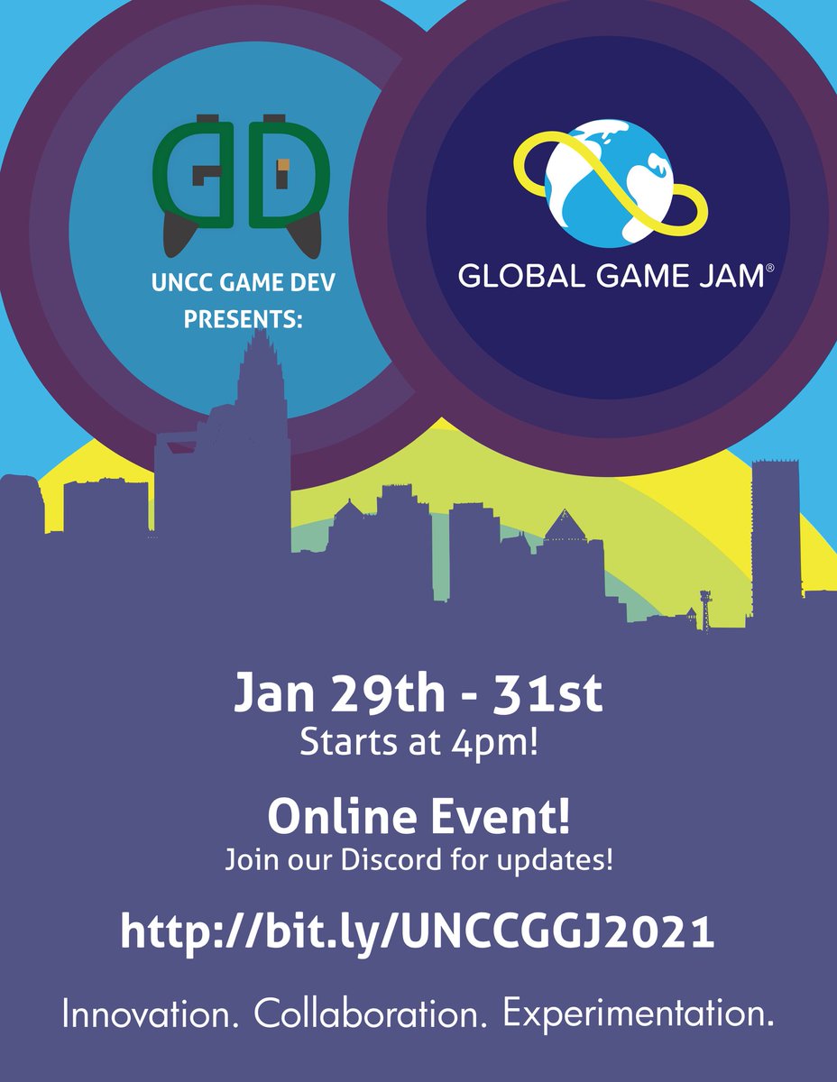 GameDevAtUNCC's tweet photo. Spread the word! #GGJ21 is coming up! 

January 29th at 4pm! 
@UNCC_CCI

#uncc #gamejam #gamedev https://t.co/VVTcVdp830