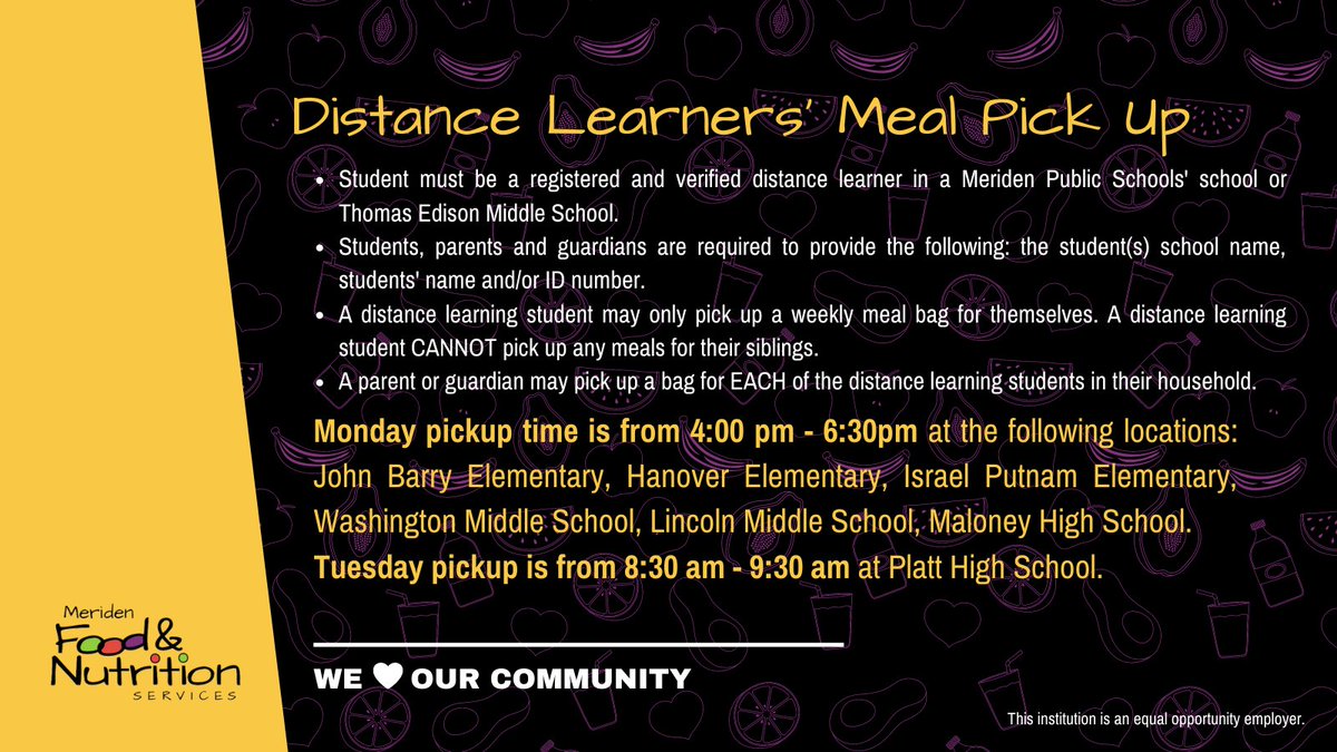 Meriden Public Schools Food & Nutrition Services (@meridenfood) on Twitter photo Our distance learners still eat with us at no charge! Our next distribution dates are Tuesday, January 19 and Monday, January 25.
@mysnact <a href="/MeridenK12/">Meriden K12</a> @schoollunch @cityofmeriden @meridenymca @meriden_ct #meriden #meridenct #schoolnutrition #childnutrition Our distance learners still eat with us at no charge! Our next distribution dates are Tuesday, January 19 and Monday, January 25.
@mysnact <a href="/MeridenK12/">Meriden K12</a> @schoollunch @cityofmeriden @meridenymca @meriden_ct #meriden #meridenct #schoolnutrition #childnutrition