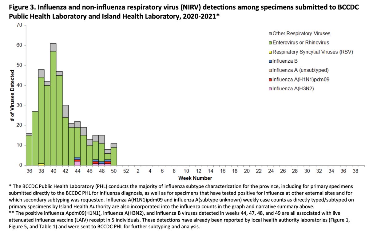 Time to look at the BCCDC Influenza Surveillance Bulletin. This figure shows that this year pretty much the only respiratory virus around are Entero/Rhinoviruses. And their prevalence indeed declined in early October (epi week 41).