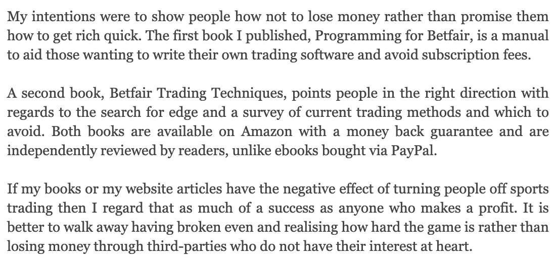 From a competing author, an individual promoting the use of software for BetFair other than that of Geekstoy.