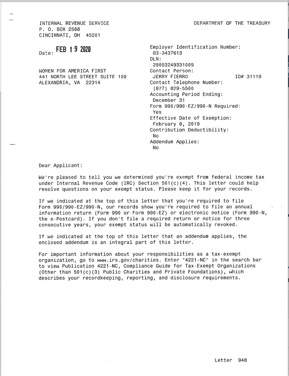 Trump administration's IRS conferred tax-exempt status on  @AmyKremer's Women for America First in Feb 2020. The organization is required to file IRS Form 990 this year, showing its gross receipts. Women for America First was the permit-holder for the Jan 6th event at the Capitol.