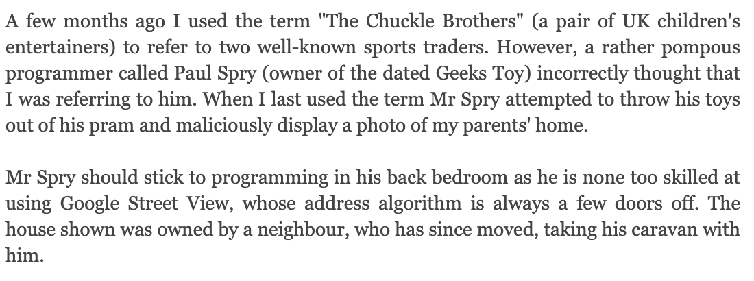 From a competing author, an individual promoting the use of software for BetFair other than that of Geekstoy.