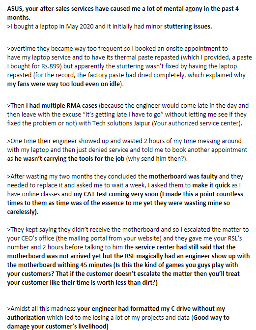 KnishXo's tweet photo. @ASUSIndia 
@ASUS
Asus's Aftersales Services have caused me a lot of mental agony for months and is still ongoing.

This is an absolutely disrespectful way to treat a customer
I have lost my respect for Asus after such treatment

I feel cheated
Please provide a fix or a refund. https://t.co/RZb5mM370C