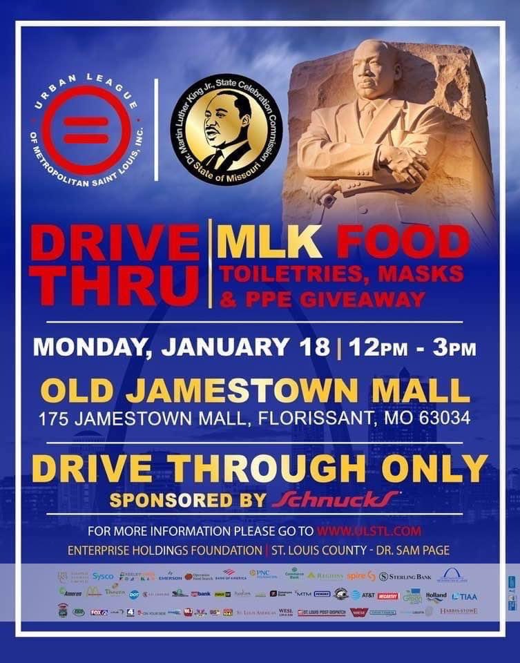ulstl's tweet photo. Dr. Martin Luther King, Jr. was a staunch believer in feeding the hungry and fighting for equality. Join us Monday @ulstl’s salute to a day of #MLKDayofService. Free food, etc. #DriveThruOnly sponsored by @SchnuckMarkets. 12 Noon - 3.p.m. https://t.co/NtLOp1XTOd