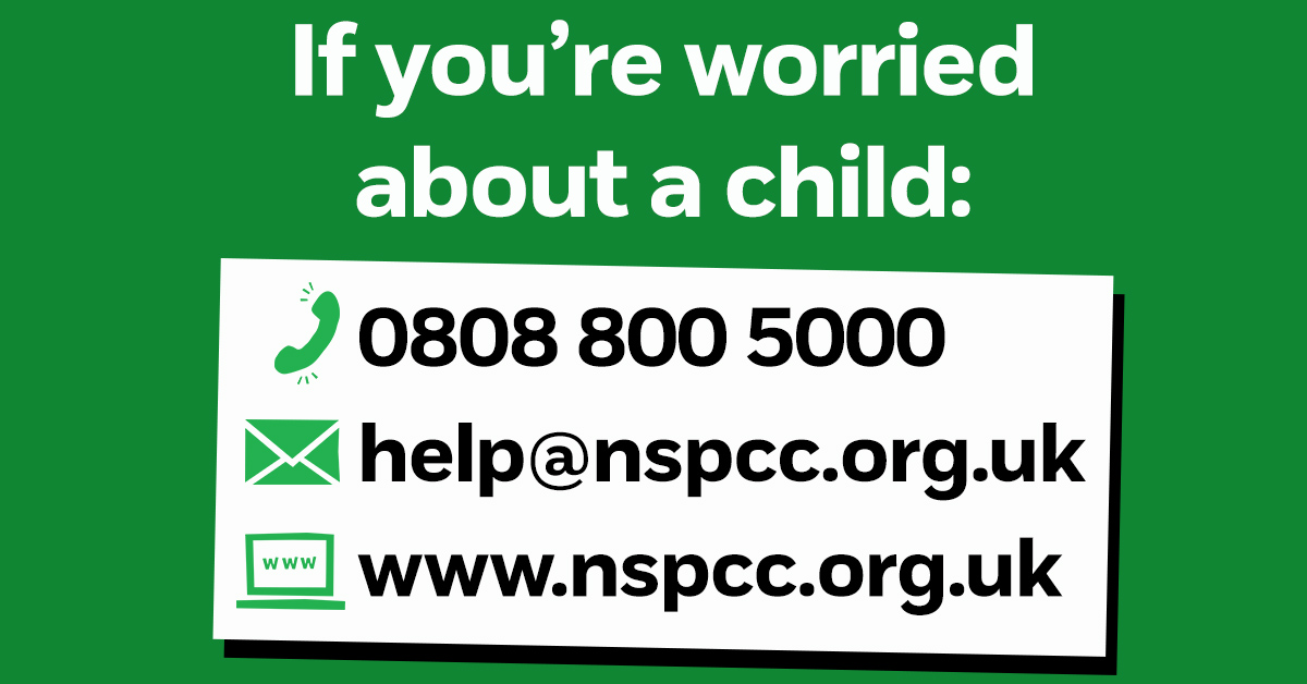 NSPCC's tweet image. If you're worried about a child, our helpline is here, on the phone and online: bit.ly/3bvCvHX