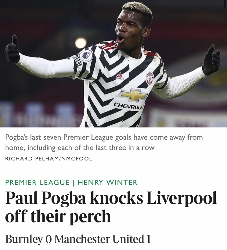 Petit clin d’œil à Fergie par TheTimes, après le but victorieux de Pogba cette semaine qui permet à Man United d'être leader. S'ils n'ont pas été un concurrent sérieux ces dernières années, ils arrivent à Anfield en tête. Prêt pour une course au titre entre meilleurs ennemis ?