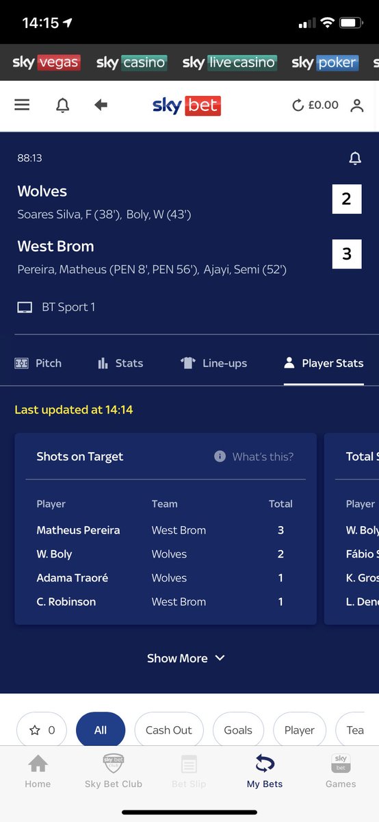 PerfectPunter's tweet photo. @SkyBet why does it say W. Boly 2 shots on target when he clearly had 3 with that header from a free kick... it changed to 3 SOT then to 2... I should be paid out for Boly 3+ SOT https://t.co/6E2d9hAvyC