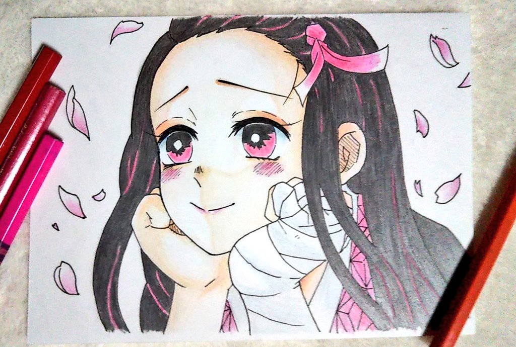 禰豆子 綺麗だねぇ 禰豆子完成 色鉛筆久しぶり過ぎて塗り方忘れた モブのイラスト