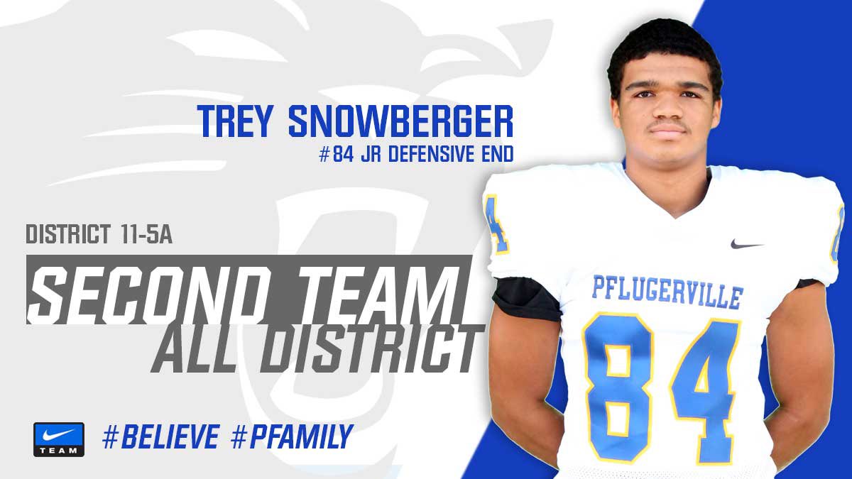 Congratulations to Trey Snowberger, Junior Defensive End for making District 11-5A Second Team, All District. #AllDistrict <a href="/PfISDAthletics/">PfISD Athletics</a> #OurVille #Pfamily