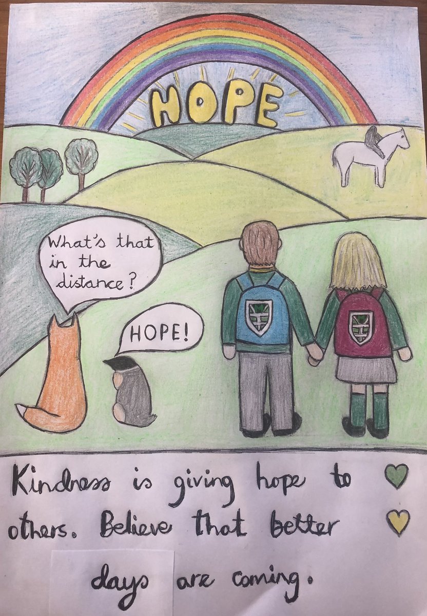 Malvern2CB's tweet photo. Here is my @charliemackesy inspired artwork. Things are tough for everyone at the minute, so it’s important to have hope. 🌈🤞💚💛 #ConnectedByKindness #WeAreMalvern #TogetherStronger @malvernprimary https://t.co/Kqb0sTJsPk