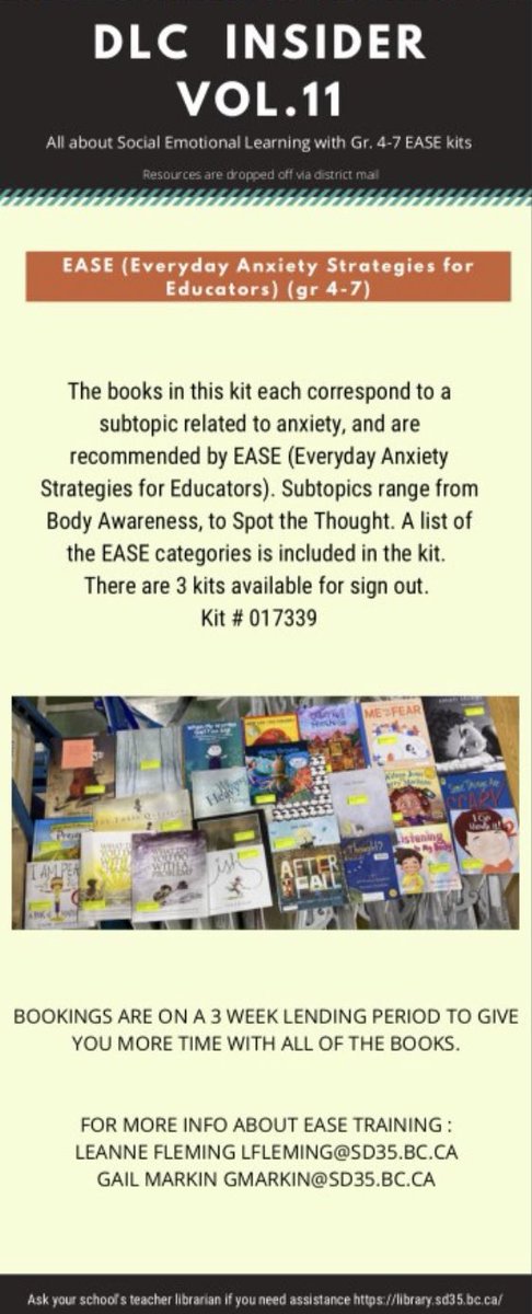 This week’s DLC Insider Vol 11 is all about #anxiety strategies for educators. EASE kits for Gr 4-7 includes 25 supporting picture books. 3 week loan &amp; 3 kits available. Sign into the District Learning Commons from your school’s library catalogue <a href="/LangleySchools/">Langley Schools</a> #sd35llc #dlcsd35