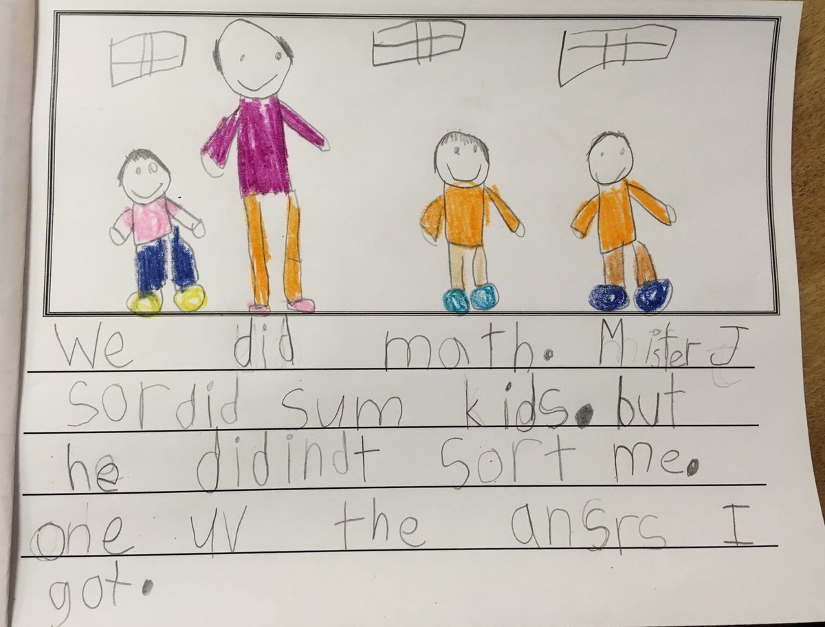 teedjvt's tweet photo. I got to co-teach in K last Tuesday at one of my favorite schools.  The teacher sent me this piece of student work after, which put a huge smile on my face.  I've never looked so skinny!  ;-)  ps:  we were ALL wearing masks #iteachmathall @BBlankePhD @LamoilleNorth @VTEducation https://t.co/Su8qMuS9lE
