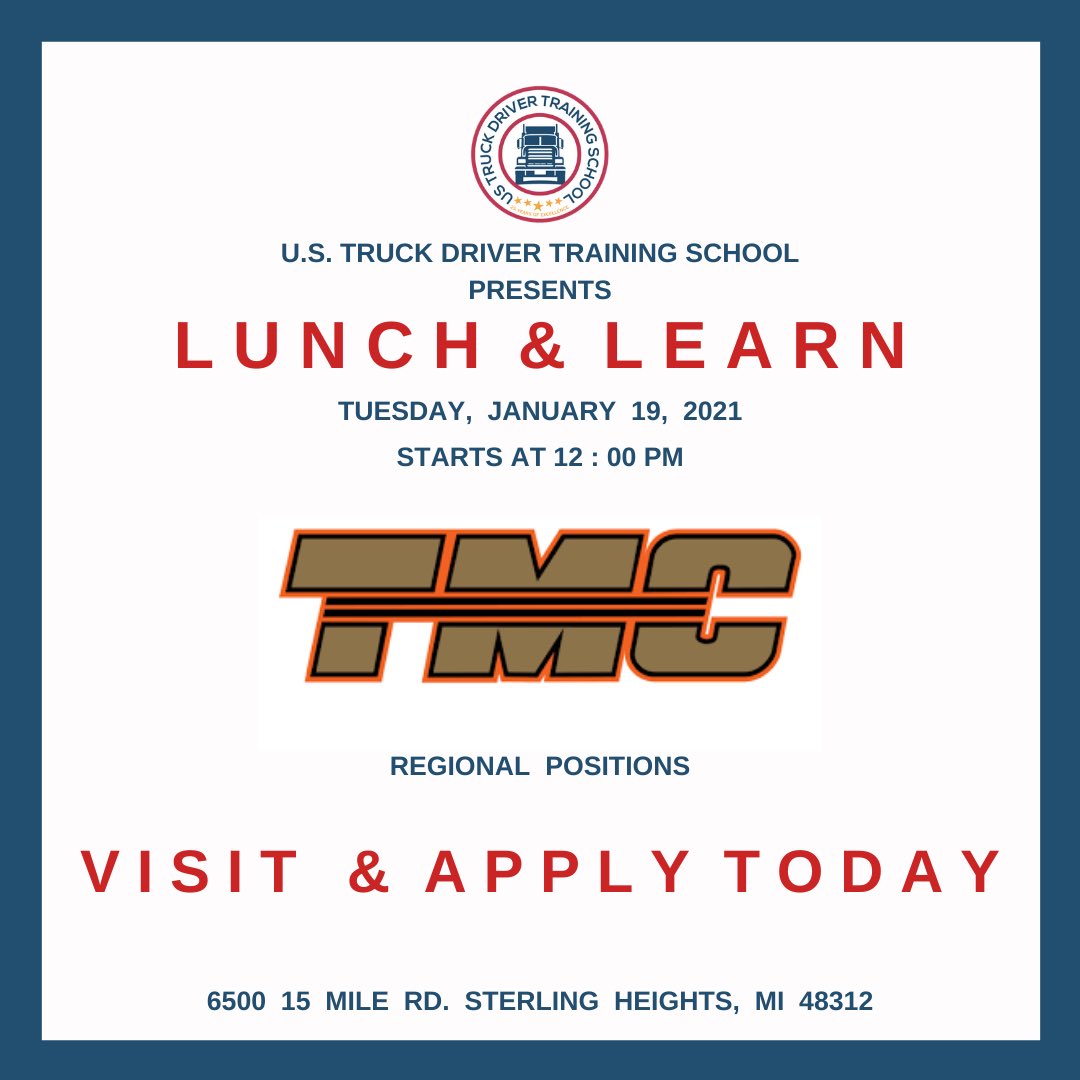 USTDTS's tweet photo. @TMCTRANS will be on campus this Tuesday, January 19, for a Lunch &amp; Learn session! #USTDTS #Newyearnewcareer #macombcounty #waynecounty #oaklandcounty #cdlcareer #cdljobs #jobhunt2021 #metrodetroit #truckingjobs #trucking https://t.co/Tucdqkcb5X