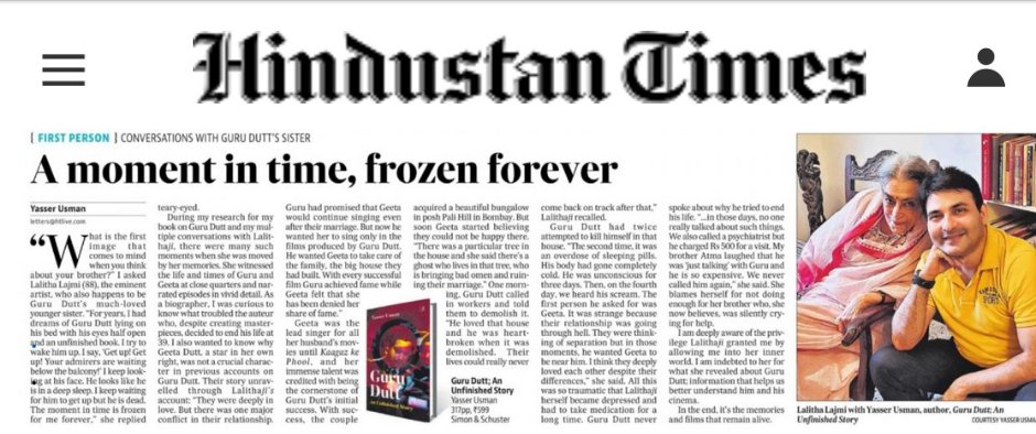 nazia_e's tweet photo. After last week's #HTPicks coverage, this weekend @yasser_aks writes for @htTweets on his evocative conversations with #GuruDutt's sister and eminent artist Lalitha ji. 

Coz memories and movies are all that remain...  ❤️
In bookstores #GuruDuttAnUnfinishedStory 
@SimonSchusterIN https://t.co/soxTzDkdbb
