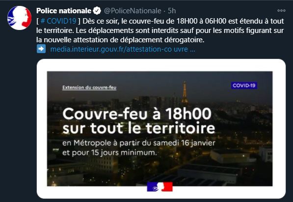 RoleplaySbdr's tweet photo. {INFO}⚠️ On oublie pas que dès ce soir, Couvre-Feu de 18h00 à 6h00 du matin sur tout le territoire ! C'est pour vous. 😷

- Respectez les gestes barrières
- Le port de masque lors de vos sorties
- Lavez vous les mains et limitez vos sorties. https://t.co/angt1sFWSW