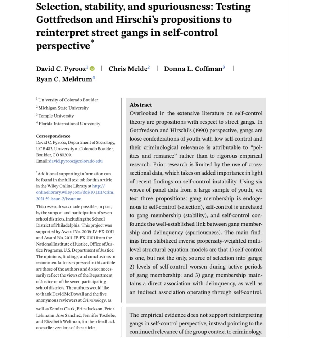 New paper in Criminology with  @ChrisMelde  @DrMeldrum and Donna Coffman https://onlinelibrary.wiley.com/doi/full/10.1111/1745-9125.12268……I know, I know, another test of self-control theory, now in it’s 4th(!) decade, but read this thread to learn about the "forgotten chapter"