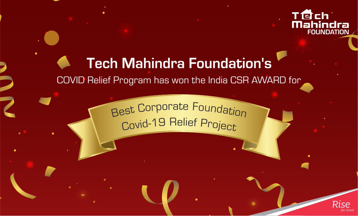 techmahindracsr's tweet photo. Delighted to announce that our #COVIDRelief program has been recognised as the #BestCorporateFoundationCovid-19 Relief Project (Large Impact) by @INDIACSR
We dedicate this award to all our teams, partners &amp; individuals
#TechMahindraCSR #RiseforGood #COVID19 #DrivingPositiveChange https://t.co/55R96TIbcZ