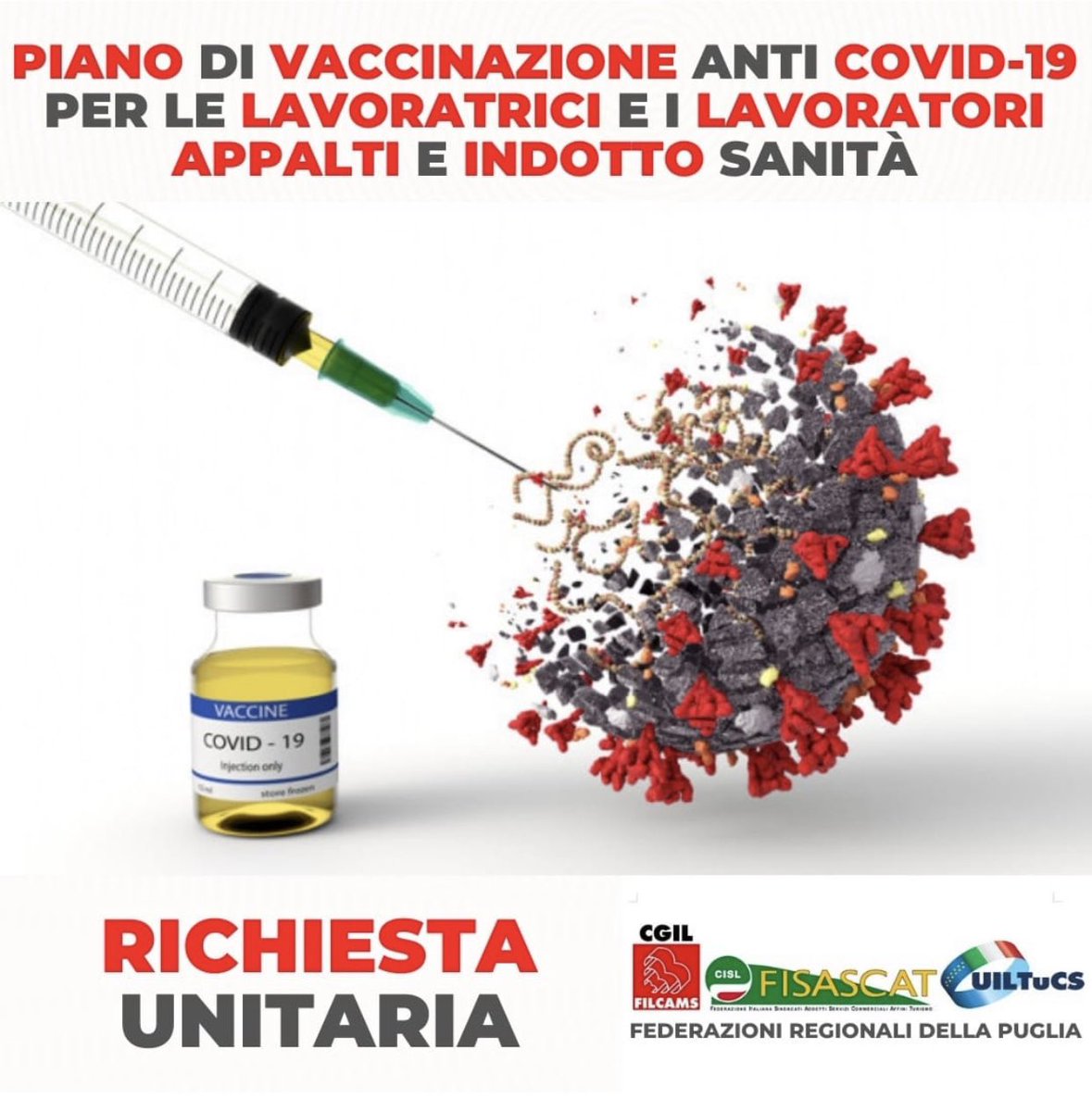 FisascatCislPug's tweet photo. #VaccinoAntiCovid la @RegionePuglia deve coinvolgere nel piano anche prioritariamente i lavoratori #INDOTTO e #APPALTI operanti nei siti #Asl #Ospedalieri e #Rsa #Filcams @fisascat #uiltucs Puglia scrivono a @micheleemiliano https://t.co/XawGDlChur