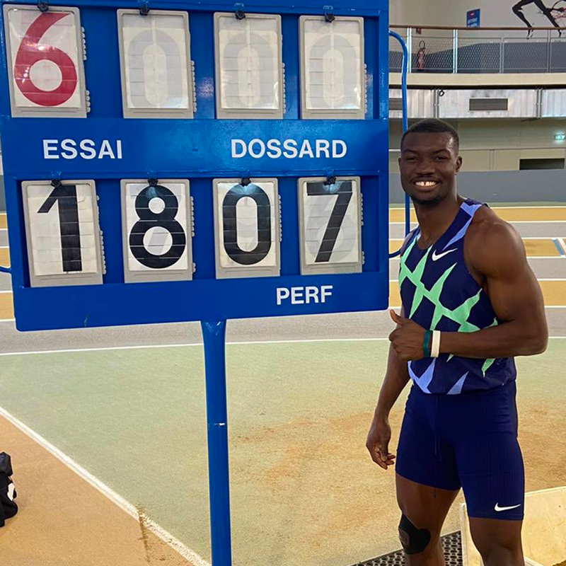 WorldAthletics's tweet photo. Burkina Faso's @HuguesZango_TS sails to world indoor triple jump record of 18.07m and becomes the first man to leap beyond 18 metres indoors.