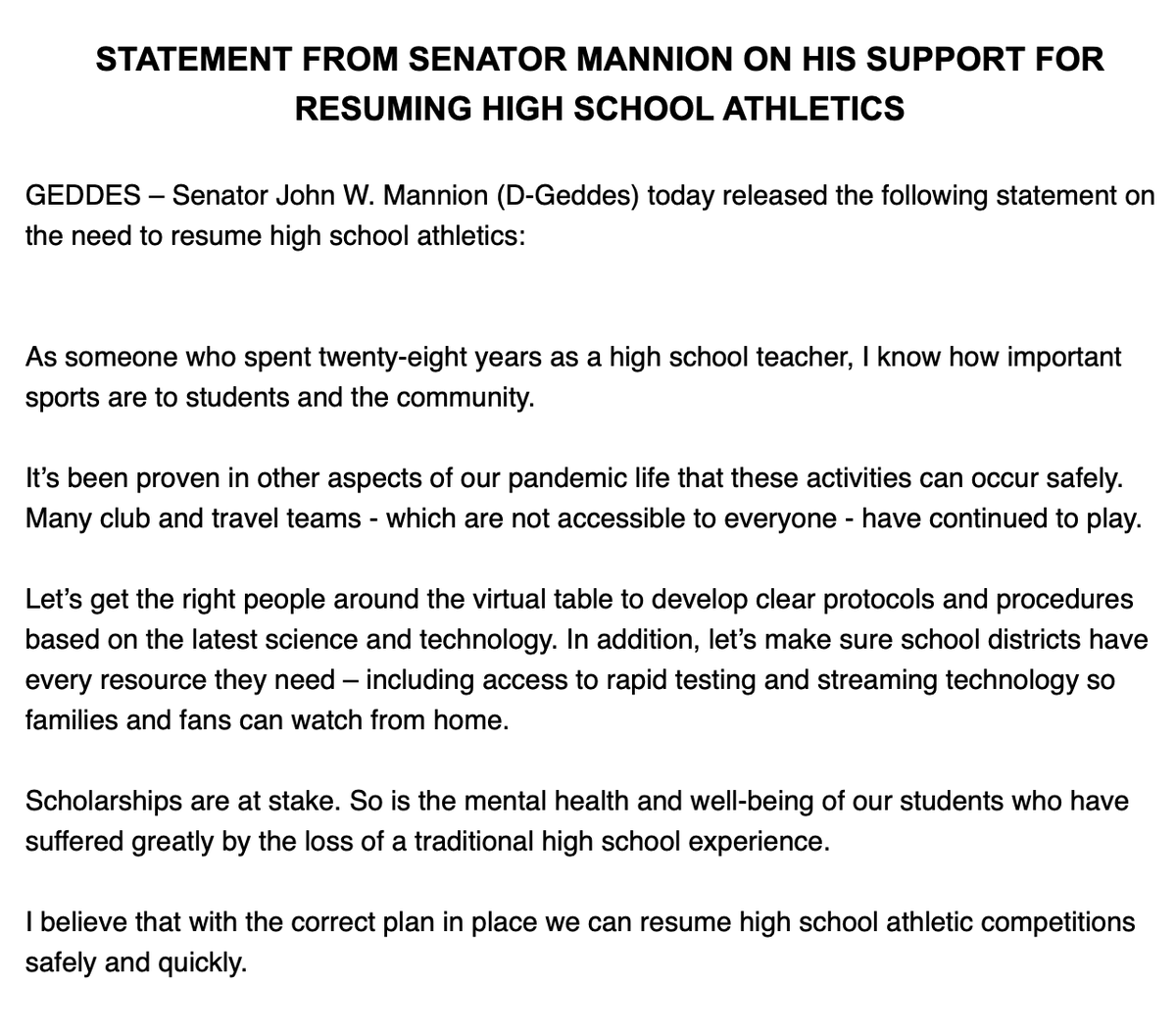 JohnMannionNY22's tweet photo. I believe with the correct plan and resources we can safely resume high school athletics. My full statement: https://t.co/bvEr2ffOmj