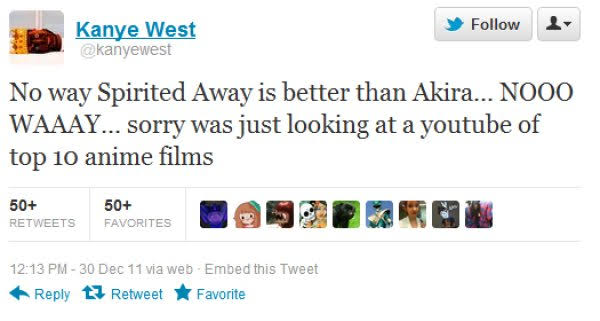 If there's an anime that Kanye totally love then it would be Katsuhiro Otomo's Akira which is the most influential anime to break into USA. https://twitter.com/kanyewest/status/1292308168677236736?s=19