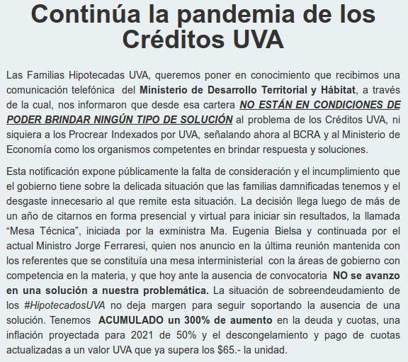 hipotecadosuva's tweet photo. 📢 Gacetilla de prensa de #HipotecadosUVA, 15/01/2021

⏩ "Continúa la pandemia de los Créditos UVA" https://t.co/DgThsqhaVD