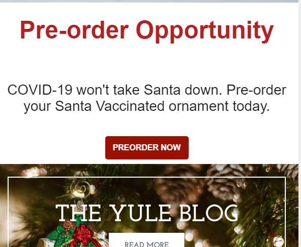campocomments's tweet photo. Needed to share this hilarious email I got from a Christmas seller. Everything about it is ... it's just perfection.
Subject: He's vaccinated!
Preview text: Covid-19 won't get Santa down
@griner #EmailMarketing https://t.co/yZUO8cPcyl