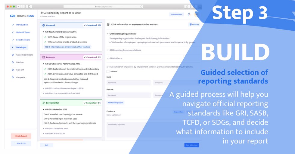 With our easily navigated platform and advanced digital integrations,DiginexESG is your go to destination for efficient #ESG reporting. Users are seamlessly guided through a selection of relevant reporting standards which help frame key information to include within your report.