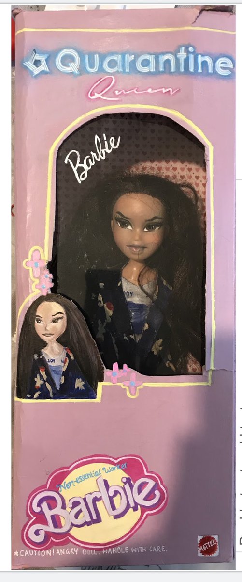 VynersArt's tweet photo. Avneet has surpassed herself with Quarantine Queen Barbie, all packaging, clothes and lettering hand made #nonessentialworker #barbie #talent #cautionangrydoll https://t.co/xfl9i1AcfP