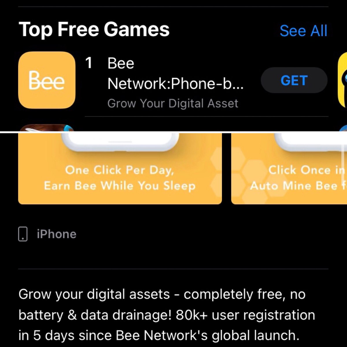 Very strange looking “decentralised” cryptocurrency “mining” app is #1 free game in the UK app store. What is surprising is they managed to get the bee.com URL, tho the site is unpolished. Seems to be some sort of referral scheme